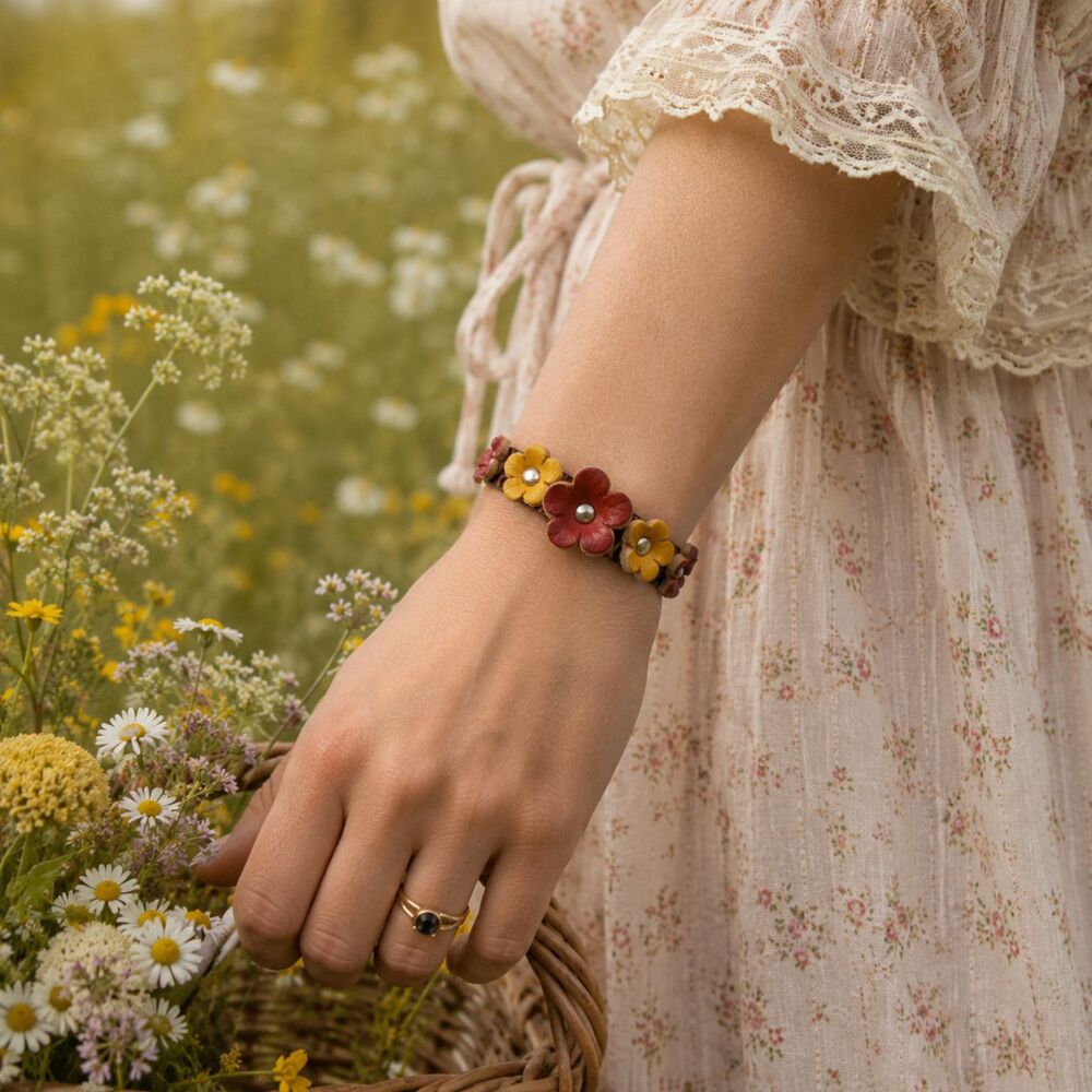 Handmade Floral Leather Cuff Bracelet Adjustable Rustic Boho Prairie Cottagecore - Picture 2 of 16